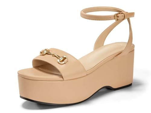 Junayuan Womens Platform Sandals Chunky Wedges Heels Open Toe Ankle Strap Summer Dress Shoes with Metal Buckle, Khaki, Size 8 - Image 1