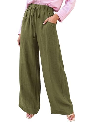 KIRUNDO Wide Leg Palazzo Pants for Women Summer High Waist Flowy Casual Trousers Lounge Pants Beach Vacation Travel Outfits (Army Green, Medium) - Image 1