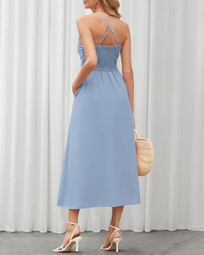 BTFBM Women 2026 Spaghetti Strap Midi Summer Dresses Sleeveless V Neck Cutout Slit Casual Beach Party Maxi Dress Pockets(Grey Blue, XX-Large) - Thumbnail 5