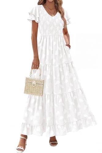 dowerme Maxi Dresses for Women 2026 Summer Ruffle Sleeve V Neck Smocked A Line Floral Boho Tiered Sundress Spring Outfit(White,X-Large) - Image 1