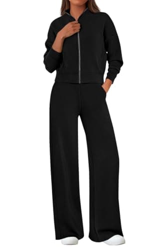 PRETTYGARDEN Womens 2 Piece Outfits Spring Sweatsuits Zip Up Sweatshirt Wide Leg Sweatpants Casual Tracksuit Lounge Sets(Black,Small) - Image 1
