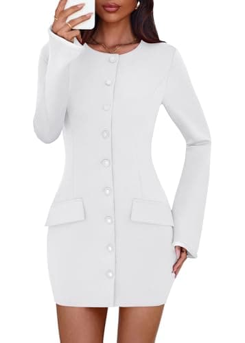 Lazysmile Women's Casual Dresses Long Sleeve Boat Neck Button Down Bodycon Mini Fall Party Club Cocktail Dresses for Women White - Image 1