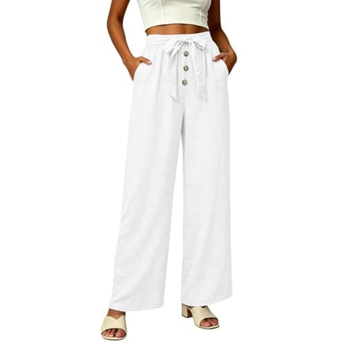 Linen Wide Leg Pants for Women, High Waisted Button Work Casual Flowy Tie Knot Trousers with Pockets, Lightweight Breathable Summer Vacation Beach Office Work Womens Palazzo Pants 2026WhiteS