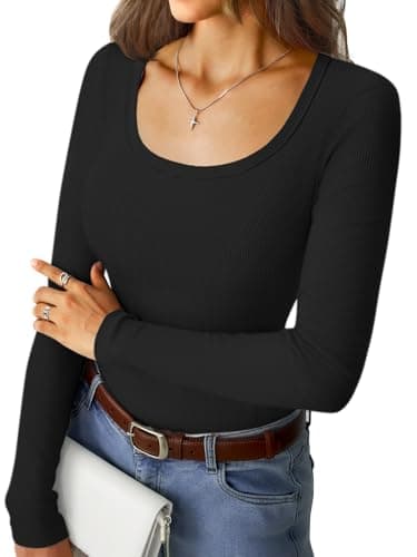 GKBK Women's Long Sleeve Tops Scoop Neck Ribbed Knit Slim Fitted Shirts Casual Basic Tee Shirts Lightweight Fall Sweaters 2025 Fashion Trendy Outfits Black - Image 1