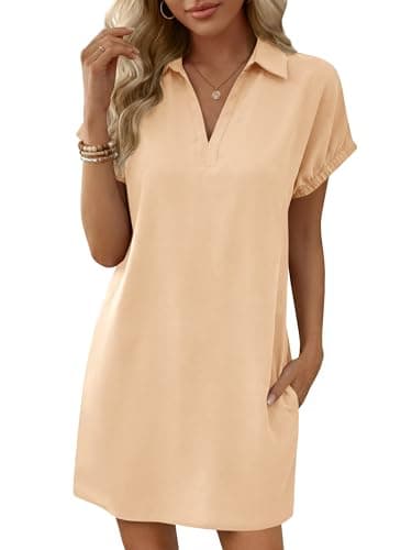 Wenrine Womens Summer Shirt Dress Casual Short Sleeve Collared V Neck Loose Beach Cover Up Shirts with Pockets Khaki - Image 1