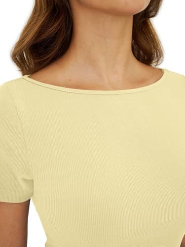 GKBK Boat Neck Tops for Women Ribbed Short Sleeve T-Shirts Slim Fitted Tight Compression Top Soft Y2K Basic Casual Going Out Tops for Spring Summer 2026 Trendy Fashion Outfits Light Yellow - Thumbnail 3