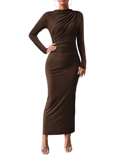 BTFBM Women Bodycon Maxi Dress Long Sleeve Back Slit Ruched Elegant Party Cocktail Formal Fall Wedding Guest Dresses(Brown, Medium) - Image 1