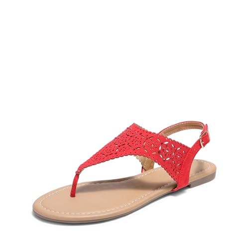 DREAM PAIRS Women's Rhinestone Casual Wear Cute Gladiator Flat Sandals Beach Dressy T-Strap Thong Sandals,Size 11,Red,MEDINIE - Image 1