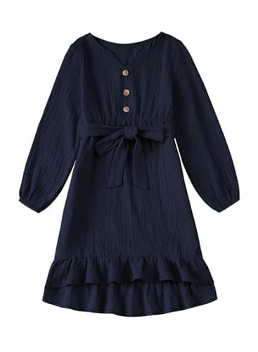 blibean Girls Fall Long Sleeve Cotton Dresses Tween Kids Ruffle Button Belted Flare Dress Little Girl Semi Formal Solid Casual Boho Fancy Party Clothes Spring Outfit Size 10-11 Year Old Navy Blue - Image 1