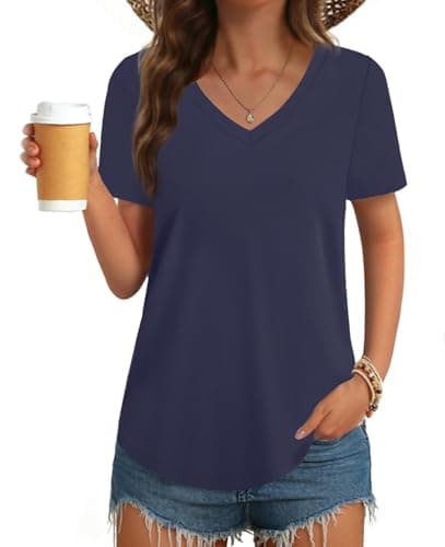 GKBK Womens 100% Cotton Tops V Neck Short Sleeve Tshirts Summer Trendy Basic Solid Tee Shirt Navy Blue XL - Image 1
