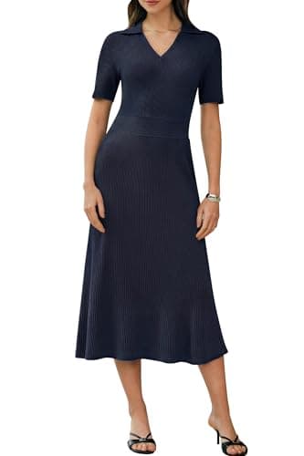 Arach&Cloz Women's Lyocell Blend Polo Clothing V Neck Knit Flowy A Line Empire Waist Spring Summer Fashion Business Casual Work Classy Short Sleeve Basic Modest Midi Dress 2026 Navy Blue M - Image 1