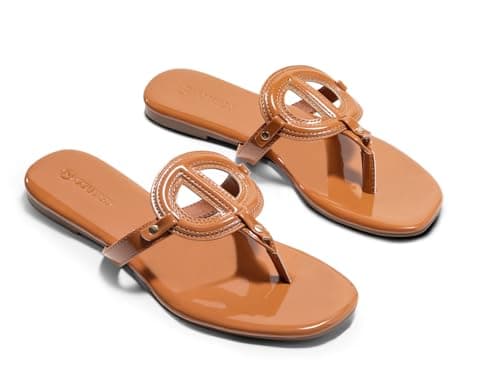 Coutgo Womens Flat Thong Sandals Square Open Toe Flip Flops Slip On Slides Dressy Summer Beach Shoes, Brown, Size 8.5 - Image 1