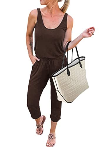 KIRUNDO Women 2026 Summer Jumpsuits Casual Sleeveless Drawstring Elastic Waist Romper Vacation Cruise Airport Travel Outfits(Coffee, Large) - Image 1