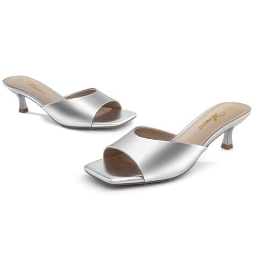 Athlefit Silver Kitten Heels for Women Square Open Toe Heeled Sandals Slip On Dressy Short Low Heels for Prom Size 9 - Thumbnail 6
