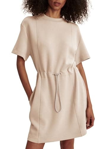 COCOMARTS Dresses for Women Summer Short Sleeve Crew Neck Sweatshirt Dress Drawstring Waist Tunic Tops Mini Vacation Sundress Apricot Small - Image 1