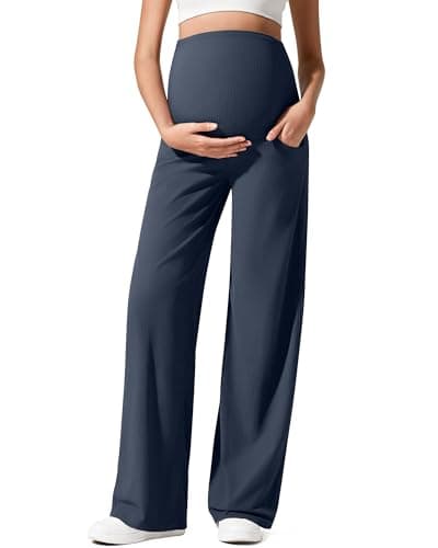 G4Free Maternity Sweatpants with Pockets Comfy Stretch Wide Leg Casual Trousers Over Bump Pregnancy with Pockets(Dark Navy,M,Tall) - Image 1