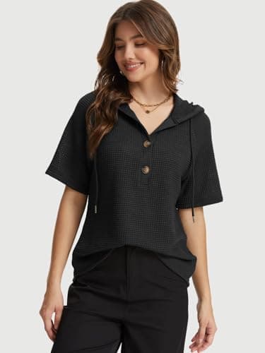 Lallabai Womens Summer Tops Waffle Short Sleeve Loose Sweaters Lightweight Drawstring Hoodies Button V Neck Casual Blouses Black - Thumbnail 2