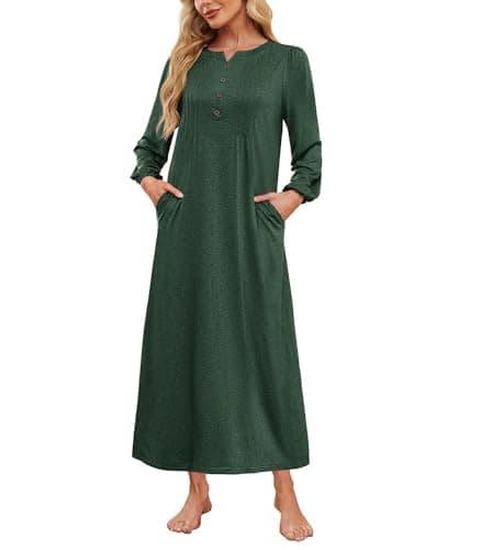 ETOSELL Womens Cotton Long Sleeve Nightgowns Soft Sleep Shirts V Neck Full Length Night Shirts Sleepwear with Pockets&Fake Buttons Dark Green - Image 1