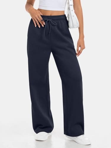 AFFOLE Womens Sweatpants Fall Fashion Wide Leg High Waisted Baggy Lounge Pants Flare Drawstring Joggers Winter Clothing for Women Navy - Thumbnail 2