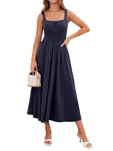 YIOYOLA Midi Sundresses for Women Casual Summer Maxi Dresses for Women 2026 Sleevelesss Square Neck A- Line Tank Long Flowy Dress(YYL645-Navy Blue,M) - Image 1