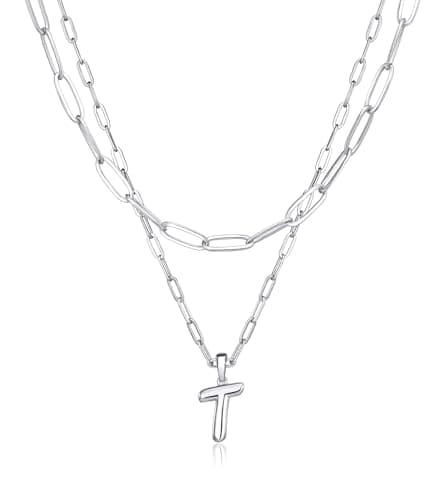 adoyi Valentines Day Gifts Silver Initial Necklace for Women 14k Gold Plated Layered Bubble Letter Necklaces Trendy Jewelry Chain Name T Pendant Necklace Stack Birthday Valentines Day Gifts - Image 1