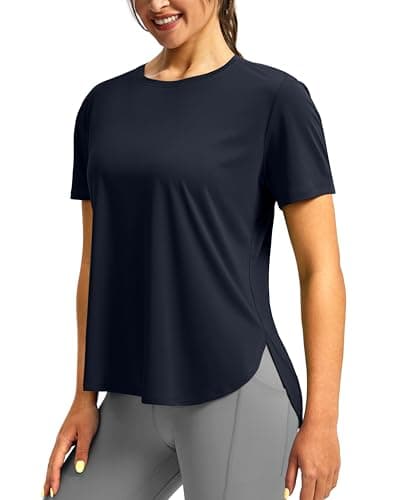 Soothfeel Women's Short Sleeve Workout Shirts Breathable Yoga T-Shirts with Side Slits Athletic Tee Tops (Navy, XL) - Image 1