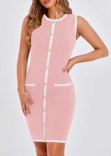 KIRUNDO Women's Work Business Casual Dress 2026 Summer Cocktail Semi Formal Office Elegant Classy Knit Color Block Dresses(Pink, XX-Large) - Thumbnail 4