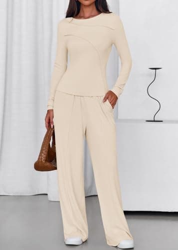 Lazysmile Lounge Sets For Women 2 Piece Sets Fall Outfits Long Sleeve Tops with Wide Legs Pants Casual Matching Set - Thumbnail 6