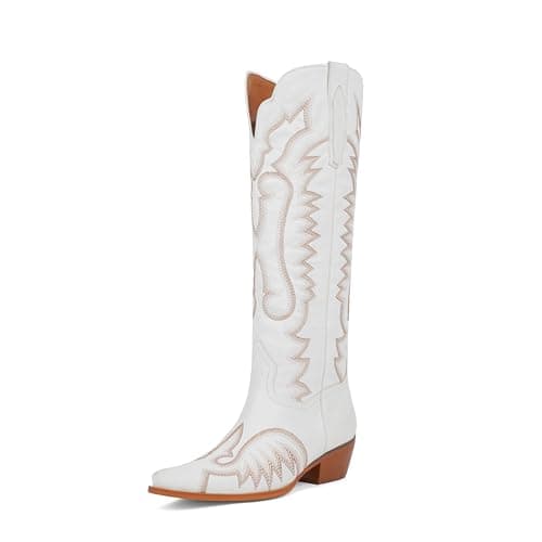 Easyfox Cowboy Boots for Women Knee High White Cowgirl Boots Square Toe Chunky Heel Embroidery Western Boots Womens Size 9.5 - Image 1