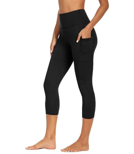 GAYHAY Capri Leggings for Women with Pockets - High Waisted Tummy Control Soft Yoga Pants for Workout Running Cycling B-Black - Image 1