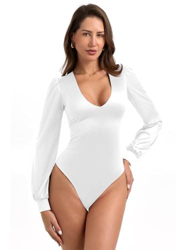 PINKMSTYLE Womens Sexy Satin Silk Deep V Neck Long Sleeve Thong Bodysuits Date Night Club Outfits White Large - Image 1