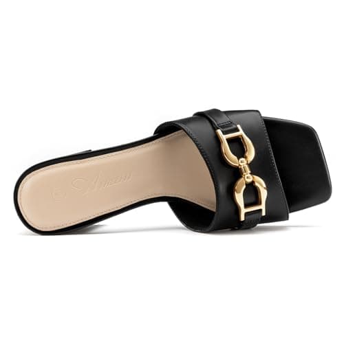 Athlefit Women's Heeled Sandals Black Chunky Heel Mules Square Peep Toe Low Block Heels Slip On Comfortable Summer Dressy Shoes Size 7 - Thumbnail 6