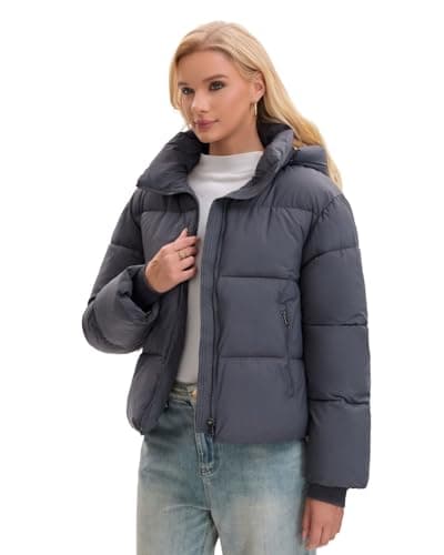 PUFFIT Women's Cropped Puffer Jackets,Warm Winter Jacket with Removable Hood,Zipped Pockets,Short Ladies Quilted Coat - Thumbnail 4