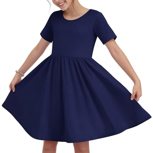 Girls Crew Neck Summer Dress Kids Short Sleeve Pleated Swing Knee Length Casual Lightweight Dress with Pockets 5-14 Years Navy Blue M - Image 1