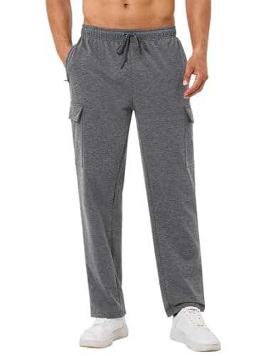 SILKWORLD Sweat Pants for Mens Cargo Sweatpants Open Bottom Casual Joggers with Zipper Pockets, Dark Heather Grey, Medium - Image 1