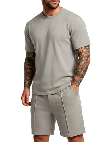 PrinStory Mens Short Sleeve Outfits 2 Piece Trackuits Summer Casual Shirt and Shorts Set with Pockets Light Gray-3XL - Image 1