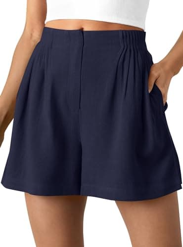 BTFBM Womens Shorts Casual 2026 Spring Summer Elastic High Waisted Pleated Cotton Shorts Beach Vacation Outfits Pockets(Navy Blue, Medium) - Image 1