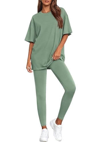 BTFBM Two Piece Lounge Set Women 2026 Spring Casual Oversized Shirts Leggings Matching Workout Airport Travel Outfits(Sage Green, Medium) - Image 1