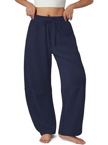 Bellcoco Barrel Sweatpants Women Casual Baggy Elastic Waisted Pants Wide Leg Gym Trousers with Pockets Dark Blue S - Image 1