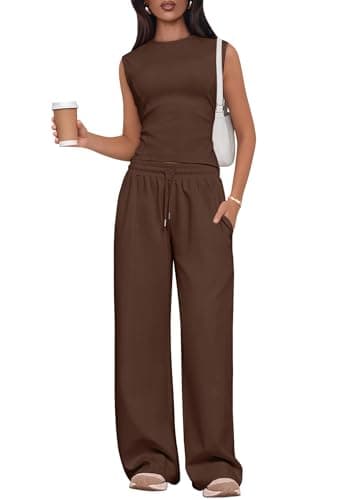 Lazysmile 2 Piece Sets for Women Summer Outfits Lounge Sets Sleeveless Tops Wide Legs Long Pants Tracksuits - Image 1