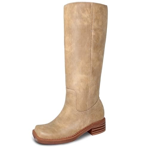 LeunDen Beige Banana Knee-High Boots for Women, Tall Riding Boots with Square Toe Low Chunky Heel Faux Leather Pull-On Campus Long Boots Size 8.5 - Image 1