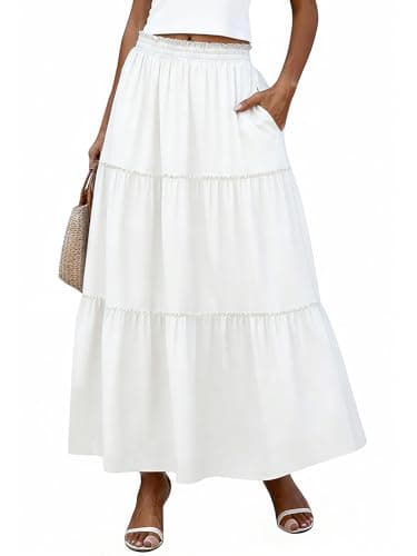 Bellcoco Long Skirts for Women Maxi Spring Summer Swing Tiered A-Line Elastic High Waist Boho Flowy Skirts with Pockets White X-Large - Image 1