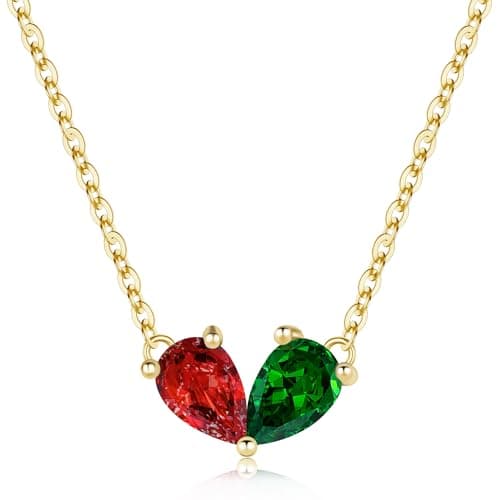 Turandoss January & May Birthstone Necklace for Women - Created Garnet, Emerald Necklace & Pear Birthstone Necklaces for Women, 14K Dainty Gold Plated Necklaces for Women’s Jewelry Gifts - Image 1