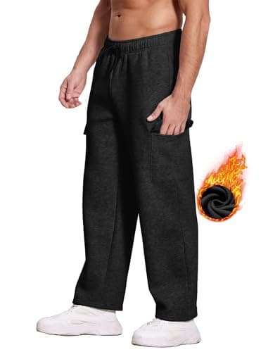Deyeek Men's Fleece Sweatpants Open Bottom Cotton Sweat Pants for Men Straight Leg Sweatpants Cargo Fleece Pants with Pockets Black - Thumbnail 4