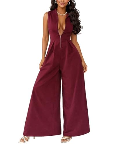 knowfashionstyle Jumpsuits For Women Dressy Sleeveless Zip Up Wide Leg Jumpsuit Date Night Rompers Formal Party Outfits Burgundy L - Image 1