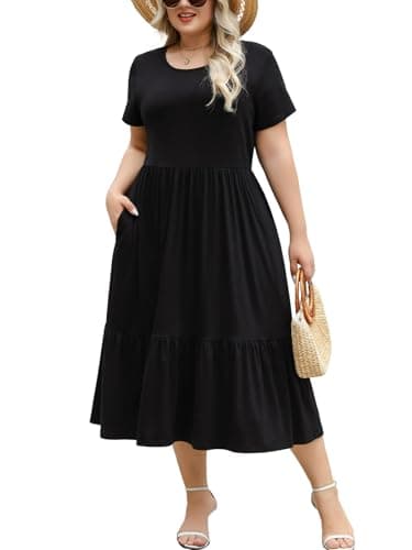 Younrui Plus Size Black Dresses for Curvy Women 2026 Casual Summer Short Sleeve Crewneck Midi Dress with Pockets(1XL-1033-Black_N) - Image 1