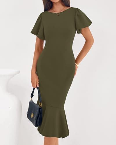 BTFBM Women Formal Wedding Guest Cocktail Dresses 2026 Short Sleeve Ruffle Mermaid Work Bodycon Elegant Midi Summer Dress(Army Green, XX-Large) - Thumbnail 4