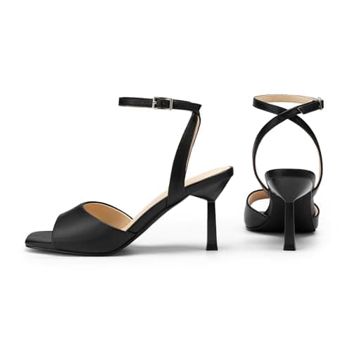 Athlefit High Heels for Women Black Square Open Toe Stiletto Heels Ankle Strap Buckle Dress Prom Kitten Heeled Sandals Size 6 - Thumbnail 5
