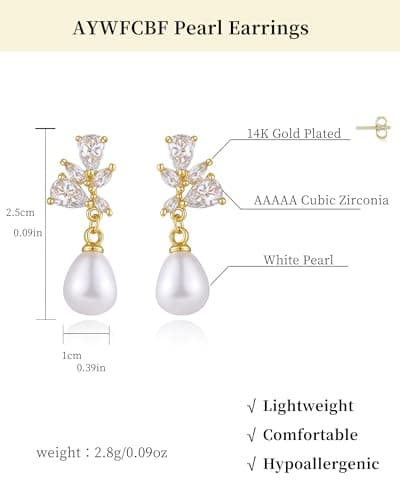 Pearl Earrings for Women, Hypoallergenic Silver Cubic Zirconia Pearl Drop Earrings Bridal Shower Gifts for Wedding Party - Thumbnail 6