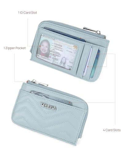 Telena Slim Wallet Women RFID Blocking Credit Card Holder Leather Coin Purse with Silver Keychain Blue - Thumbnail 2